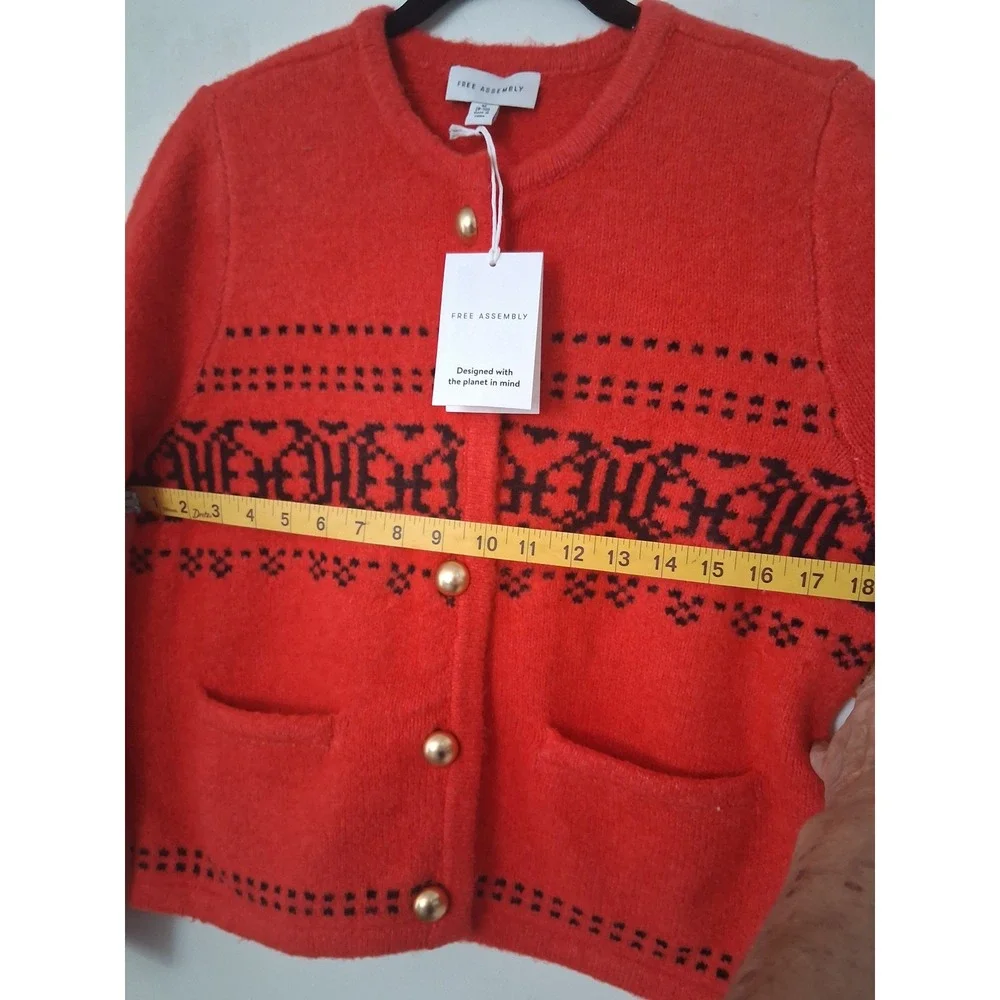 Free Assembly‎ Womens Red Fair Isle Button Front Cardigan Sweater Gold Buttons M